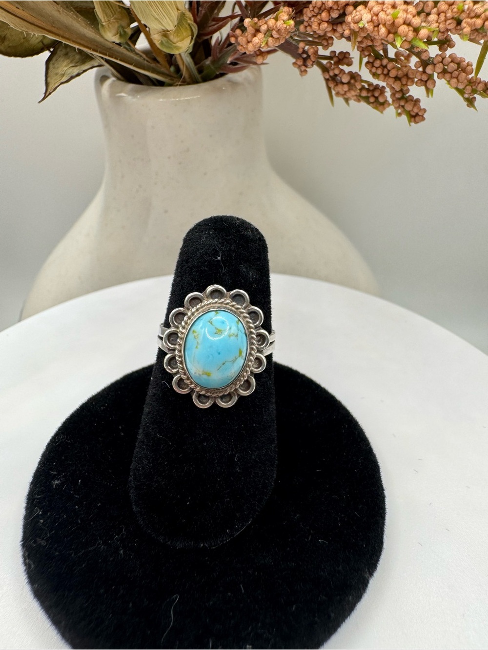 Vintage Mexico Stamped Scalloped Sterling Silver Turquoise Ring (Size 5)